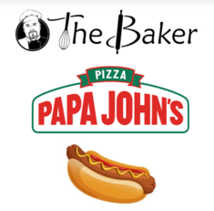 Baker logo, Papa John's Pizza Logo and a hot dog